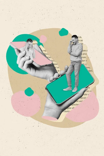 3Dレトロ抽象的な創造的なアートワークテンプレートのコラージュ落ち込んで男オンライン心理相談孤立した絵画の背景 — ストック写真