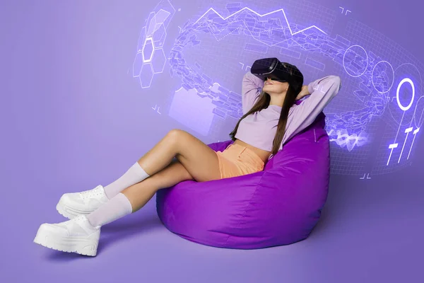 Template collage poster of relaxing young lady sitting bean chair use goggles analyze cyber holographic image business presentation.