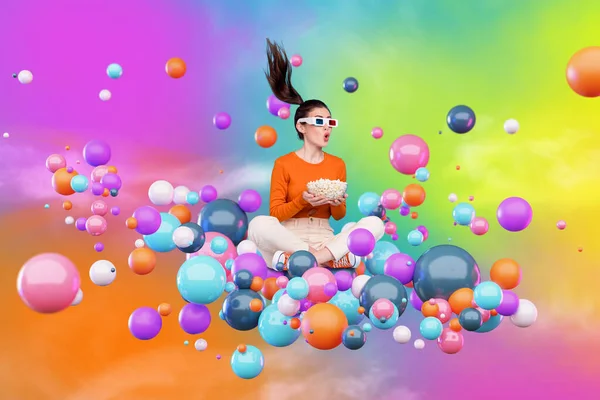 Collage Imagen Chica Impresionada Sentarse Flotante Burbujas Colores Comer Palomitas —  Fotos de Stock