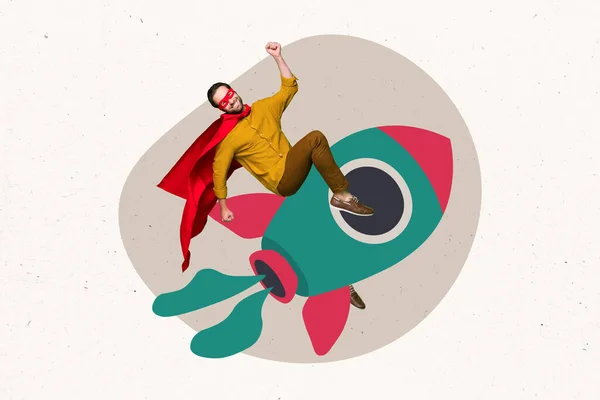 Kunstwerk Collage Foto Van Opgewonden Mini Super Man Zitten Vliegen — Stockfoto