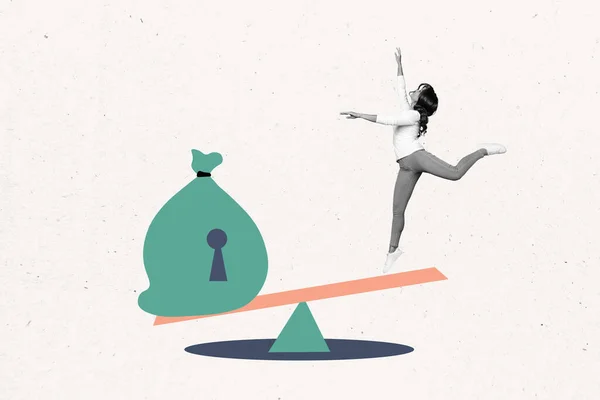 Retrato Colagem Efeito Branco Preto Mini Menina Saltando Balanças Equilíbrio — Fotografia de Stock
