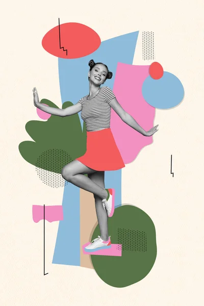 Verticale Collage Afbeelding Van Zwart Wit Effect Meisje Genieten Dansen — Stockfoto