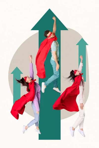 Imagem Colagem Vertical Três Pessoas Super Levantar Punho Voando Para — Fotografia de Stock