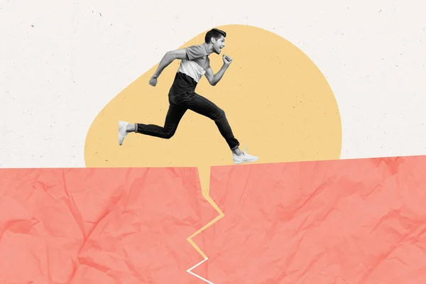 Collage Porträt Von Aufgeregten Schwarz Weiß Effekt Kerl Laufen Sprung — Stockfoto