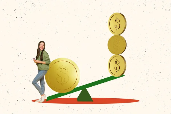 お金の価値を比較する興奮したティーンエイジャーの創造的な3D写真アートワークグラフィックコラージュ絵画孤立した図面の背景 — ストック写真