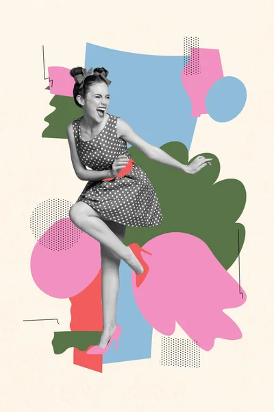 Collage Pinup Pop Retro Sketch Image Funky Cool Lady Dancing — Stock Photo, Image