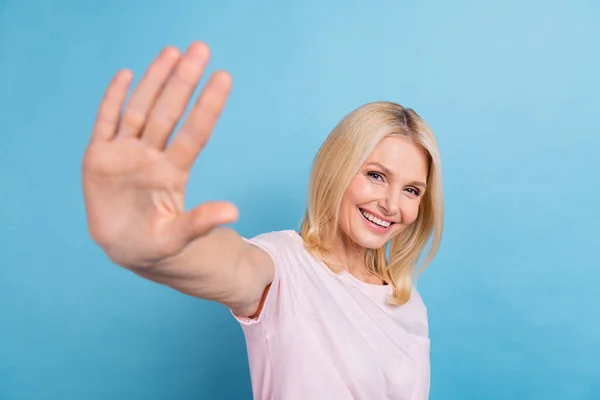 Portrait Cheerful Aged Person Beaming Smile Arm Palm Waving Give — Stock Photo, Image