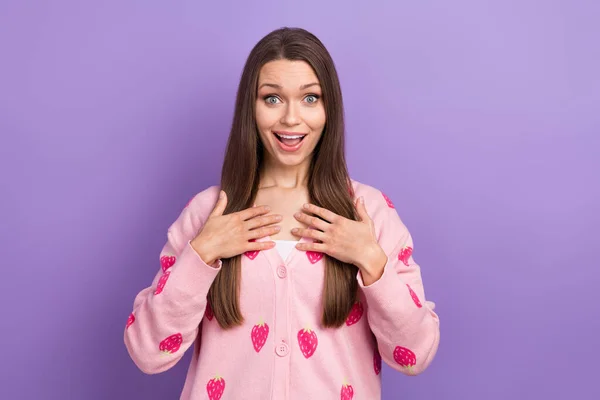 Photo of adorable excited lady dressed strawberry print cardigan arms chest smiling isolated purple color background.