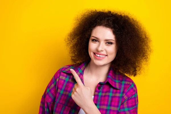 Portrait Gorgeous Pretty Youngster Woman Directing Finger Empty Space Announce — Stock Photo, Image
