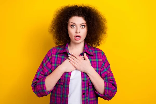 Photo Young Nervous Stressed Stupor Girl Hands Chest Crossed Heartbroken — Stock Photo, Image