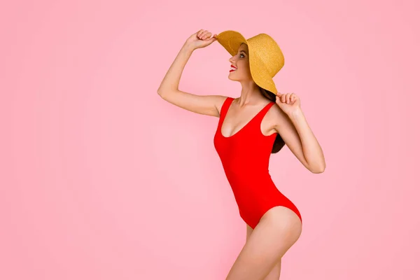 Nahaufnahme Porträt Eines Mädchens Einem Roten Badeanzug Und Einem Hut — Stockfoto