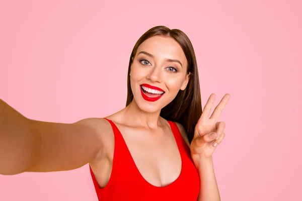 People person lifestyle facial emotion expressing delight concept. Close up photo portrait of pretty cute nice glad charming stunning lady giving v-sign isolated background.