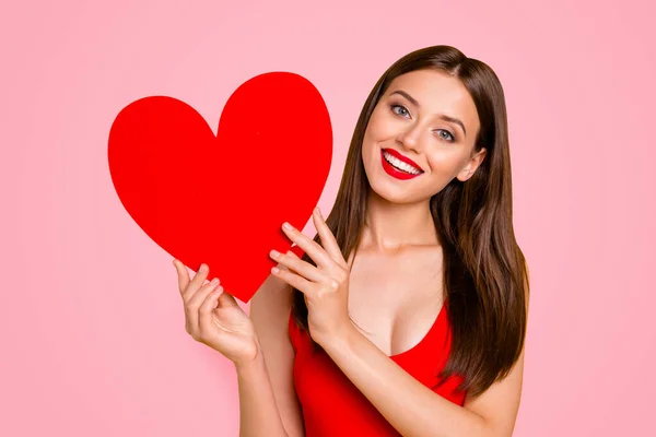 Im looking waiting for partner Advertising people person relationship couple concept. Close up photo portrait of excited delightful joyful funny fancy girlish lady showing heart isolated background.
