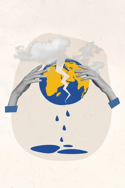 Imagen Revista Collage Broken Earth Human Arms Holding Air Plastic — Foto de Stock