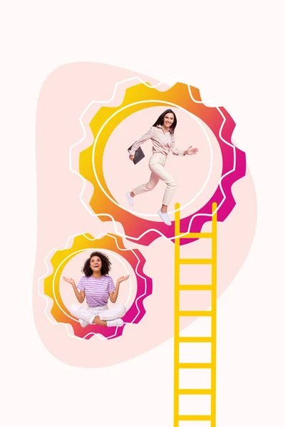 正の幸せな女性の垂直テンプレートの創造的な写真のコラージュは 同じプロジェクトで会社で一緒に働く孤立した白い色の背景 — ストック写真