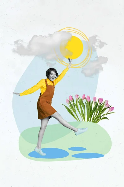 Vertical Arte Colagem Foto Menina Bonita Desfrutar Primavera Dia Natureza — Fotografia de Stock