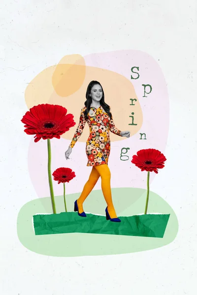 垂直拼贴横幅图片 年轻迷人的女装走在温暖的春天里 花草花园自然苏醒 — 图库照片