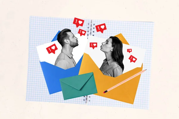 コラージュインスピレーション写真ポスター2人カップル送信空気キス内部封筒愛対応ロマンチックなレタリング — ストック写真