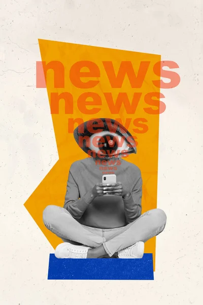 Poster Magazine Collage Headless People Eye Face Using Smart Device — Stock Photo, Image