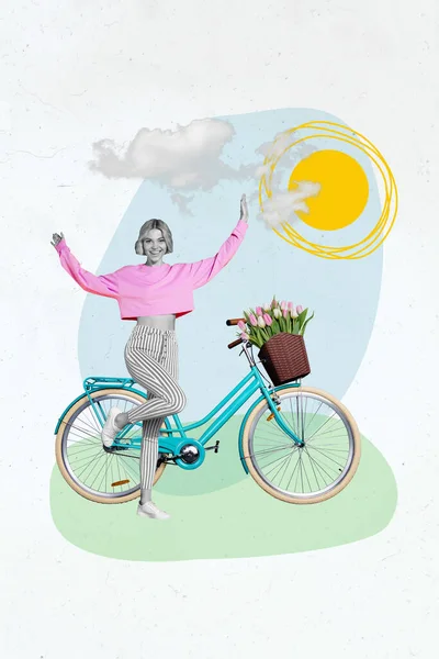 Vertical collage inspiration photo poster creative painting young carefree lady driving bike bicycle enjoy warm summer spring day.