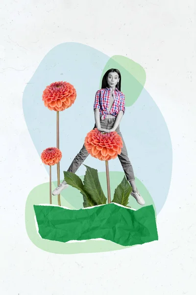 Verticale Collage Poster Creatief Schilderen Jonge Grappige Dame Genieten Warme — Stockfoto
