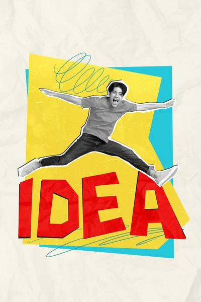 Вертикальный Художественный Коллаж Смешного Парня Студент Прыгает Выше Большой Идеи — стоковое фото