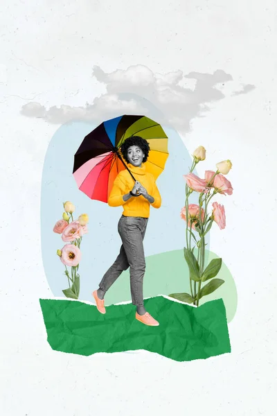 縦コラージュバナー画像若い魅力的な女の子女性は春来るコンセプトウォークを楽しむステップホールド傘を作る — ストック写真
