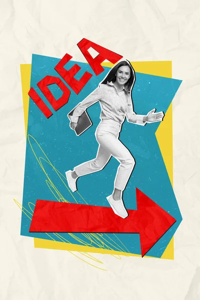 Vertical Artwork Collage Young Business Lady Jump Big Idea Word — Stock Photo, Image