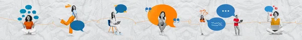 Panorama Coleção Colagem Múltipla Meninas Comunicando Mensagens Recebidas Namorado Homem — Fotografia de Stock