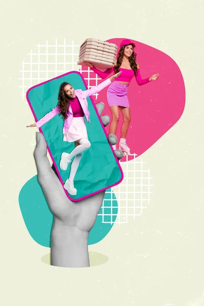 Kreative Collage Werbung Von Jungen Mädchen Kurier App Essenslieferung Telefon — Stockfoto