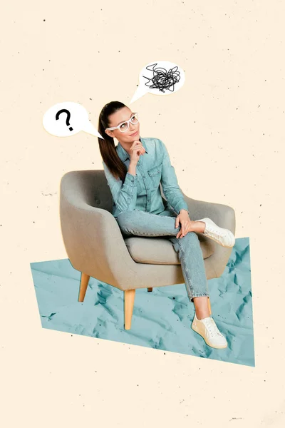 Pionowy Kolaż Obraz Bezmyślne Wskazówki Pozytywne Dziewczyna Dotykać Podbródek Siedzieć — Zdjęcie stockowe