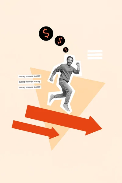 Vertical creative illustration collage photo of funny elderly man run down on arrows lost investing money isolated painted background.