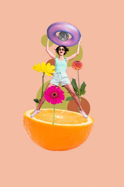 Collage Pinup Pop Schizzo Immagine Positivo Ragazza Saltare Gioire Vacanza — Foto Stock