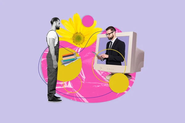 黑白色伽玛信使典雅男子在显示器内的创意拼贴图片用平板书大花隔离紫色背景 — 图库照片