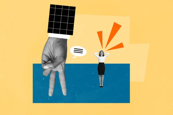 Creatieve Collage Beeld Van Zwart Wit Effect Enorme Hand Mini — Stockfoto