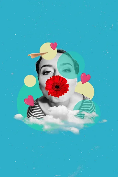 縦コラージュ画像の黒白い効果の女の子キス花カバー唇飛行紙飛行機雲空分離上の青の背景 — ストック写真