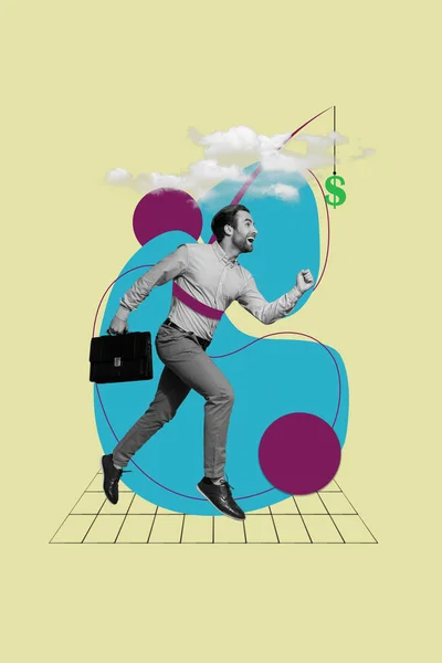 Verticale Afbeelding Poster Kunstwerk Collage Van Gelukkig Opgewonden Persoon Loopt — Stockfoto