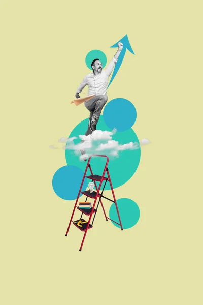 Imagem Colagem Vertical Cores Brancas Pretas Mini Homem Subir Escada — Fotografia de Stock