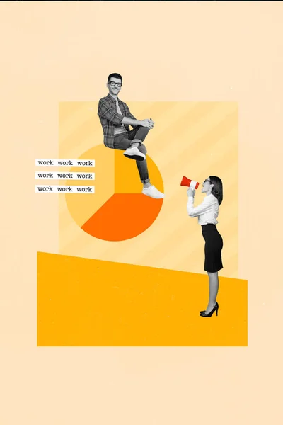 垂直アートワークポスターイメージ怒りの女性のコラージュ男のオフィスアシスタント力を叫んで作業する隔離された図面の背景 — ストック写真