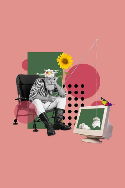 Vertikale Collage Kunstwerk Bild Skizze Von Gelangweilten Traurigen Mann Sitzen — Stockfoto