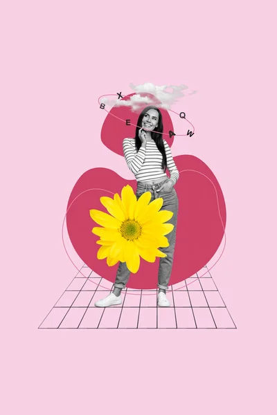 Vertikální Obrázek Plakát Umělecké Koláže Krásné Pozitivní Dívka Ruka Dotek — Stock fotografie