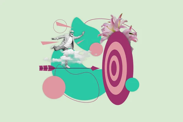 Poster Bild Collage Kunstwerk Skizze Von Funky Glücklichen Mann Fliegen — Stockfoto
