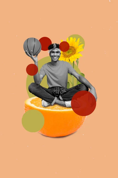 コラージュイラスト大きなスライスオレンジ座っている陽気な男の3Dスケッチアートワークスポーティなエネルギードリンク孤立絵画の背景を促進 — ストック写真