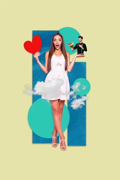 Poster Skizze Kunstwerk Collage Postkarte Von Schockierten Aufgeregten Mädchen Handfläche — Stockfoto