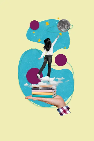 Colagem Cartaz Imagem Criativa Criança Pequeno Stand Pilha Livros Como — Fotografia de Stock