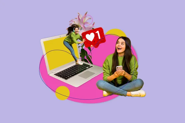 2人の幸せな姉妹の写真広告ポスターの絵のコラージュアートワークスケッチ現代的な技術を使用して開発ブログ 3Dペイントされた背景 — ストック写真