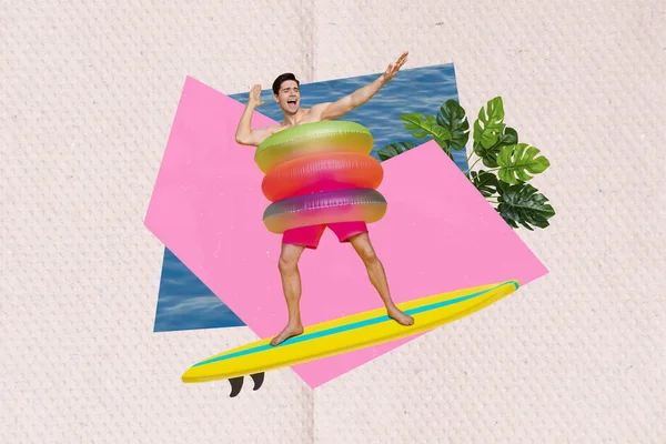 Colagem Composta Surfe Jovem Divertir Primeiro Dia Resort Refrigeração Bom — Fotografia de Stock