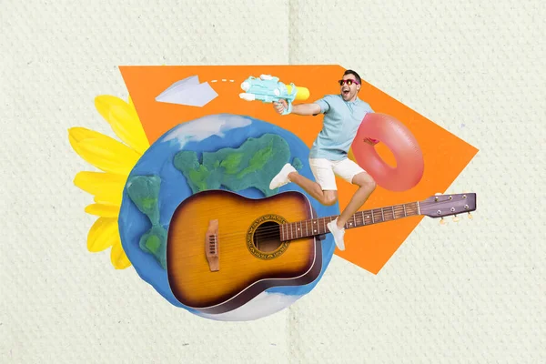 Billboard collage advert globe plasticine young guy jump water gun paper plane carry guitar with rubber circle isolated on drawn background.
