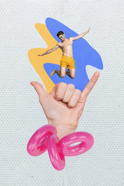 Colagem Vertical Jovens Funky Cara Shaka Sinal Anéis Infláveis Verão — Fotografia de Stock