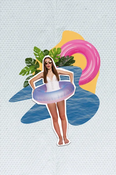 Vertical Invitation Resort Banner Collage Young Girl Swimwear Surprised Hold — Stock Photo, Image